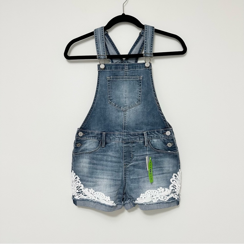NWT SO Brand Kids Denim Short Overalls with White Crochet Trim Teen Tween Sz 14